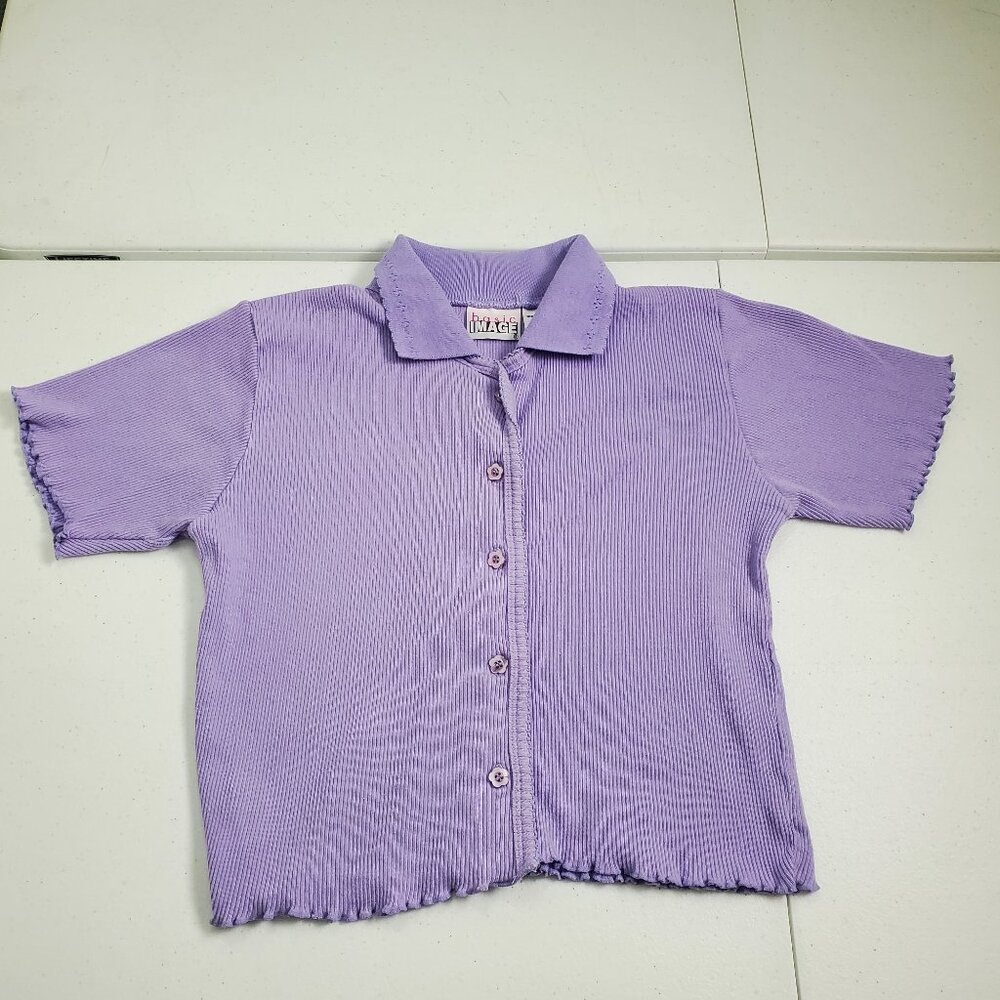 Vintage Basic Image Polo Crop Top Ribbed Button Up Collar Youth Girls 14/16